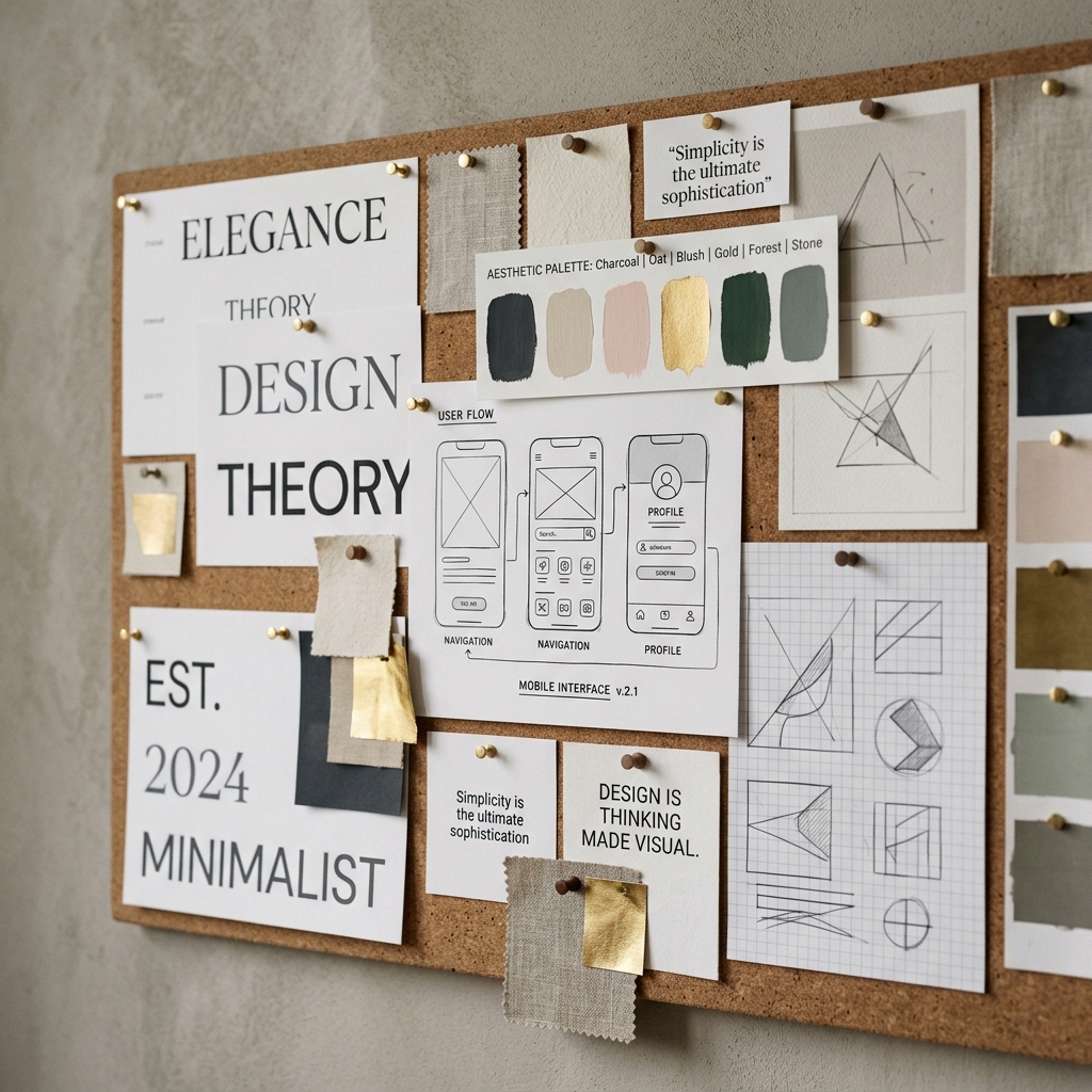 An inspirational mood board on a studio wall with design sketches, color palettes, and typography samples